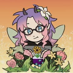 Icon created with "Heart Hold" Picrew of a woman in glasses with purple and pink hair, a set of small horns, pixie wings, and a green jacket; holding a heart colored with the asexual flag and a sunflower.